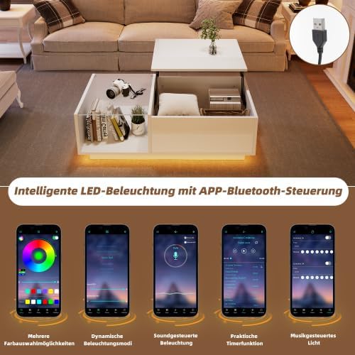 Merax Couchtisch mit Smart LED-Beleuchtung, App-Steuerung, Anhebbarer Tischplatte, Hochglanz-Oberflä