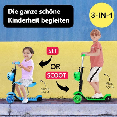 YOLEO 5-in-1 Kinder Roller Scooter mit Abnehmbarer Karikaturkorb Sitz Schubstange LED grosse Räder B