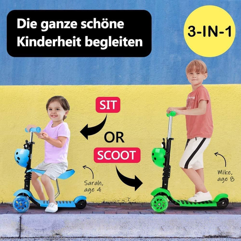 YOLEO 5-in-1 Kinder Roller Scooter mit Abnehmbarer Karikaturkorb Sitz Schubstange LED grosse Räder B