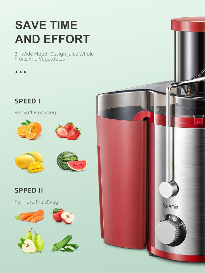 Reemix Entsafter Gemüse und Obst, Max Juicer Machine aus Edelstahl mit 3 Geschwindigkeitsstufen, 65m