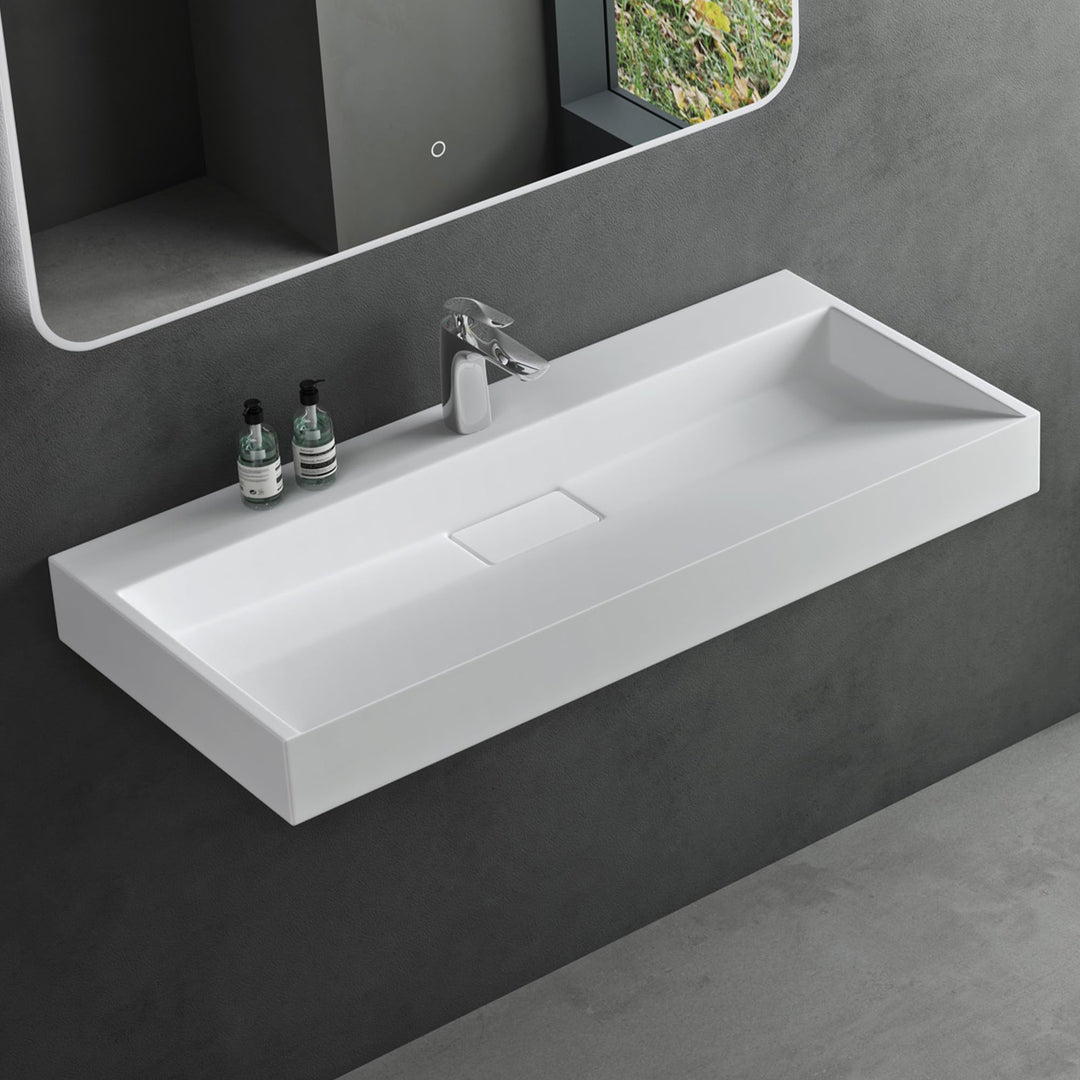 Mai &amp; Mai Aufsatz-Waschbecken Mineralguss Hänge-Waschtisch 100x46x11cm Col19 in Weiss matt mit Armat