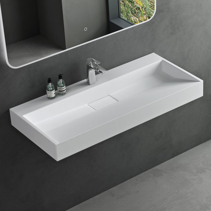 Mai &amp; Mai Aufsatz-Waschbecken Mineralguss Hänge-Waschtisch 100x46x11cm Col19 in Weiss matt mit Armat