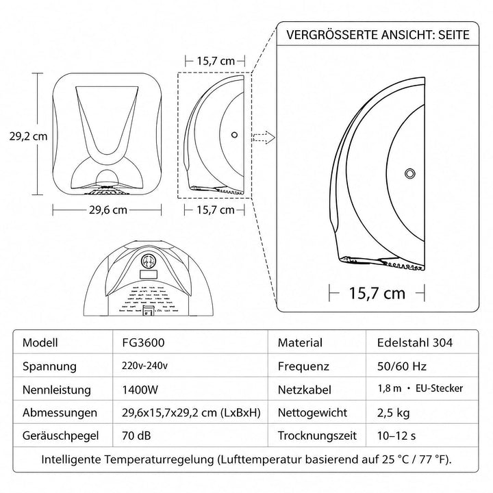 Automatischer Händetrockner aus Edelstahl, 240 V, Hochglanz