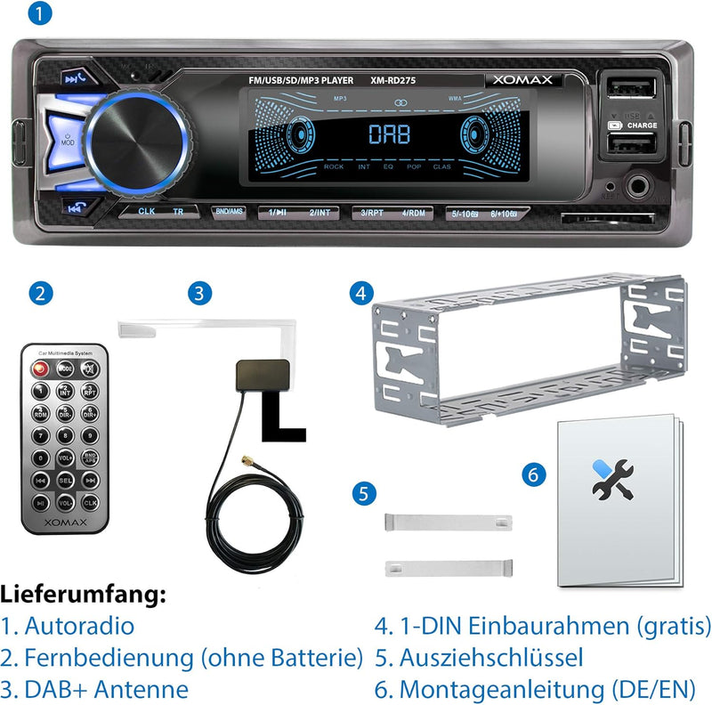 XOMAX XM-RD275 Autoradio mit DAB+ Tuner und Antenne I FM RDS I Bluetooth Freisprecheinrichtung I USB