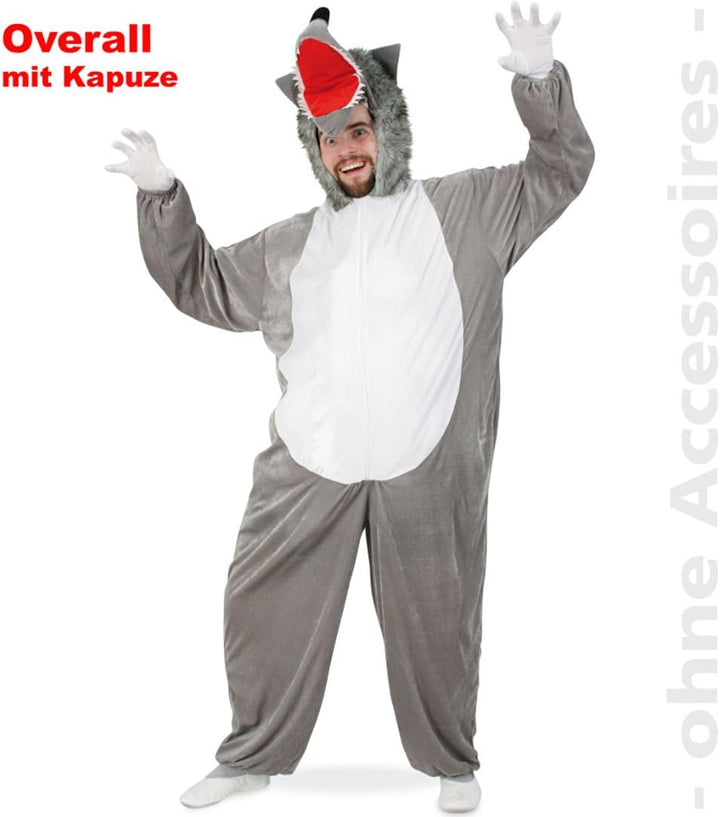 narrenwelt Wolf Tierkostüm Plüsch Overall mit Kapuze Gr L XXL Grau L, Grau L