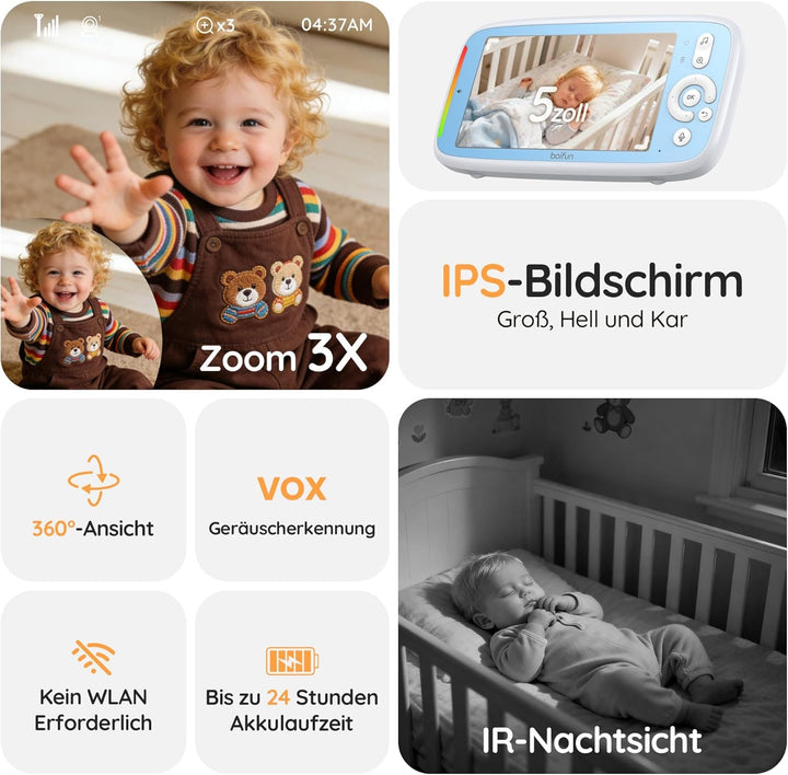 BOIFUN babyphone mit 2 kameras, 5 Zoll 720P HD IPS Bildschirm PTZ 360° View 3×Zoom VOX-Modus babyfon