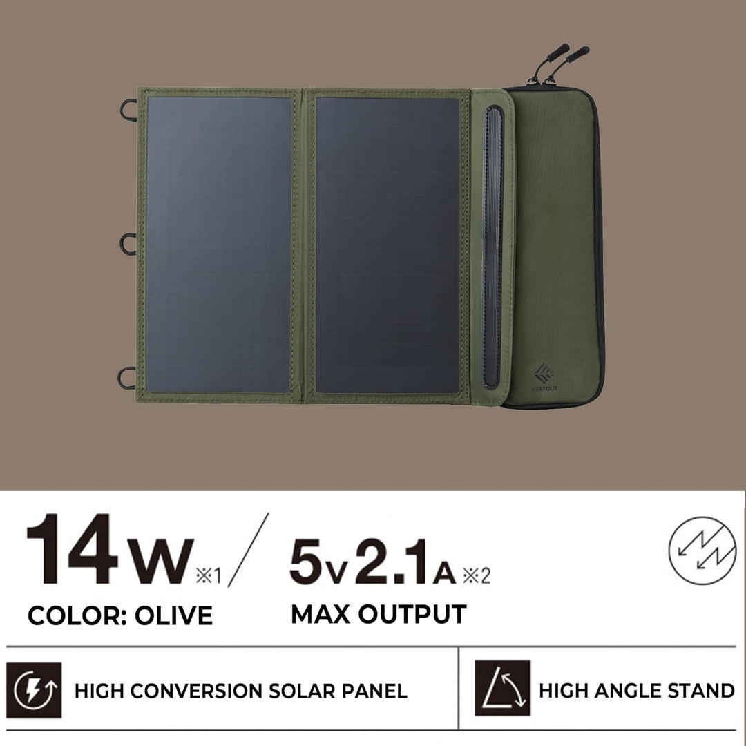 ELECOM NESTOUT Portable Solar Panel, Dual USB-A Ports, 14W Power Generation Charger for Phone Campin