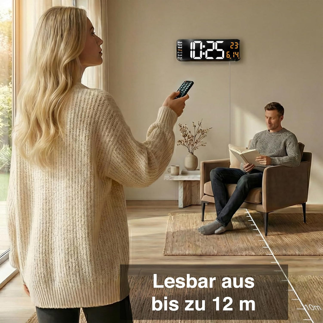 Opis Clock 1 XXL Weiss/Orange: Wanduhr Digital mit Temperaturanzeige, die Grosse Leuchtende LED Digi