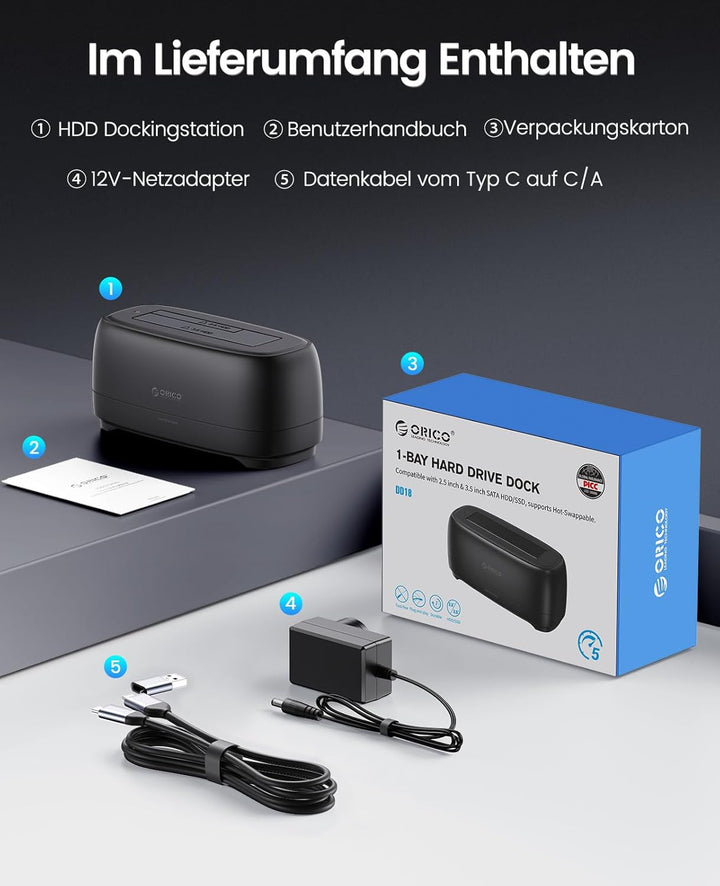ORICO 3,5'' 2,5'' Festplattengehäuse USB 3.2 Gen1 1-Bay Festplatten Docking Station für Alle Standar