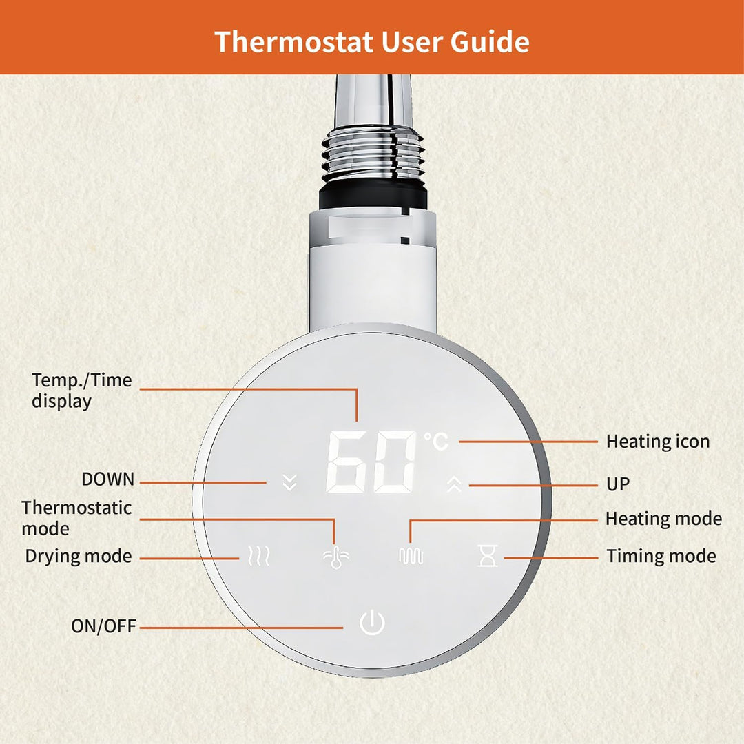 Heizstab 600W für Badheizkörper Elektrisch mit Thermostat, Vollbild Touch Bedienung, Einfach &amp; Effiz