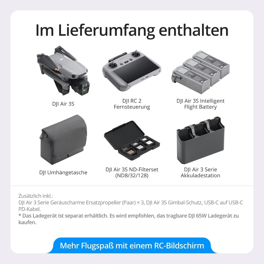 DJI Air 3S Fly More Combo (RC 2 Fernsteuerung mit Bildschirm) mit Vielseitiges Zubehör, Drohne mit 1