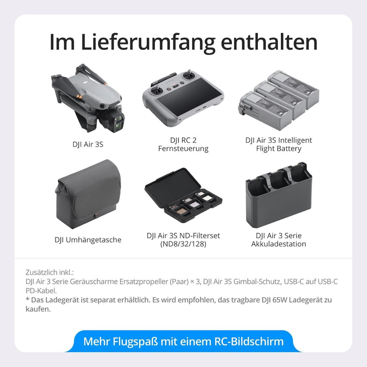 DJI Air 3S Fly More Combo (RC 2 Fernsteuerung mit Bildschirm), Drohne mit 1" CMOS Weitwinkel- &amp; mitt
