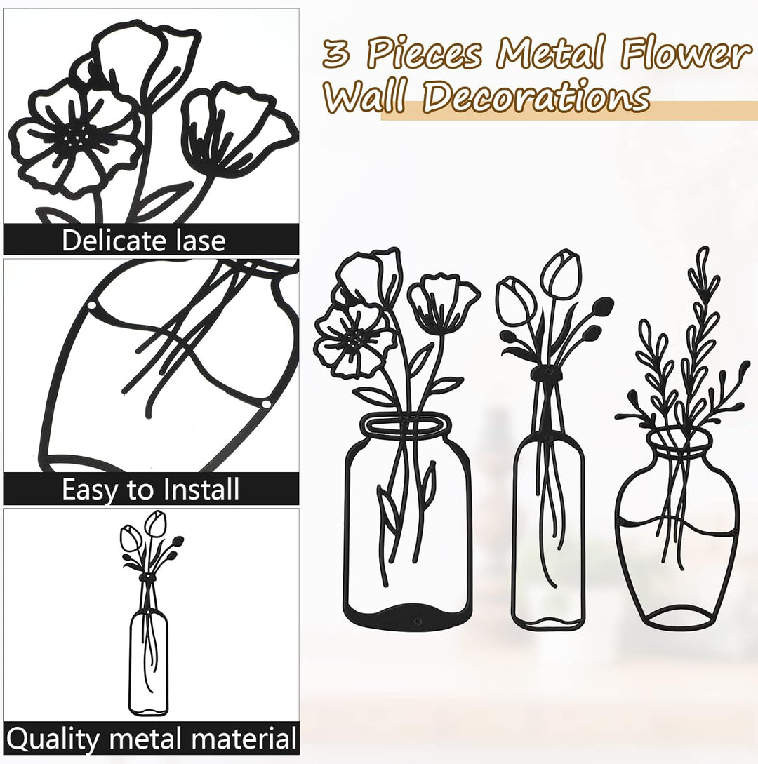 3 Stück Metall Blume Wanddekor Minimalistische Vase Wandkunst Schwarze Tulpe Draht Eisen Dekor Blume