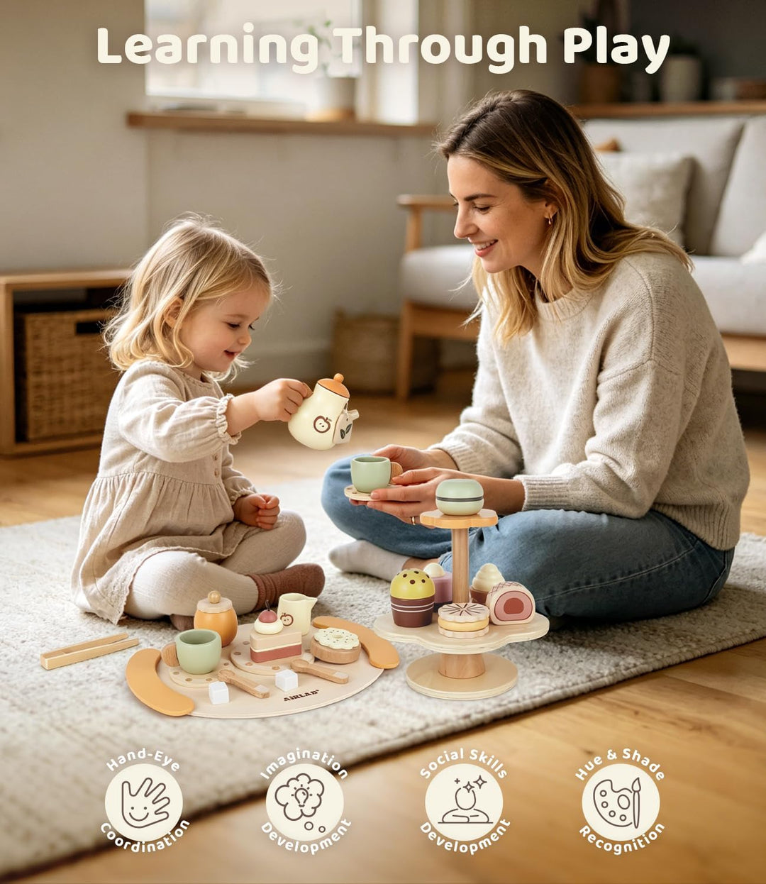 Airlab Spielküche Kinderküche Zubehör Holz 2 in 1, Teeservice Kinder mit Zuckerwürfeln und Dessert,