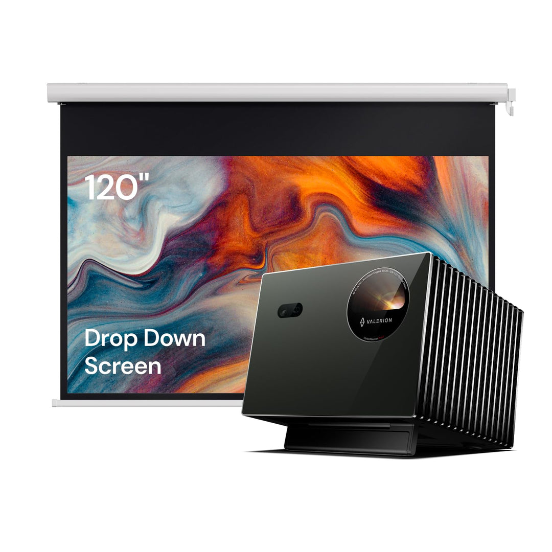 Valerion VisionMaster Pro2 4K Triple-Laser Beamer Bundle mit 120" kabelloser motorisierter Leinwand