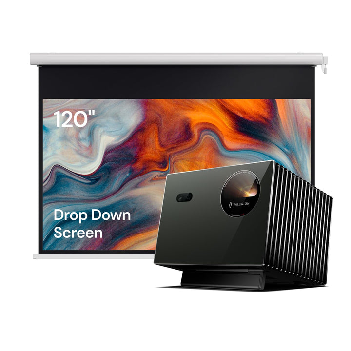 Valerion VisionMaster Pro2 4K Triple-Laser Beamer Bundle mit 120" kabelloser motorisierter Leinwand