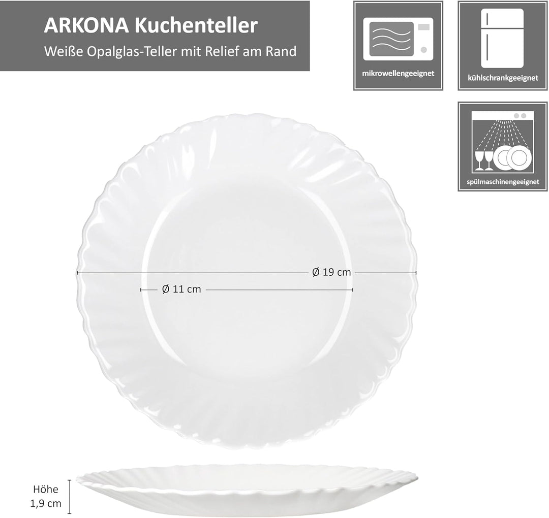 MamboCat 6er Set Kuchenteller Arkona I Ø 19 cm I weisse kleine Opalglas-Teller mit feinem Relief für
