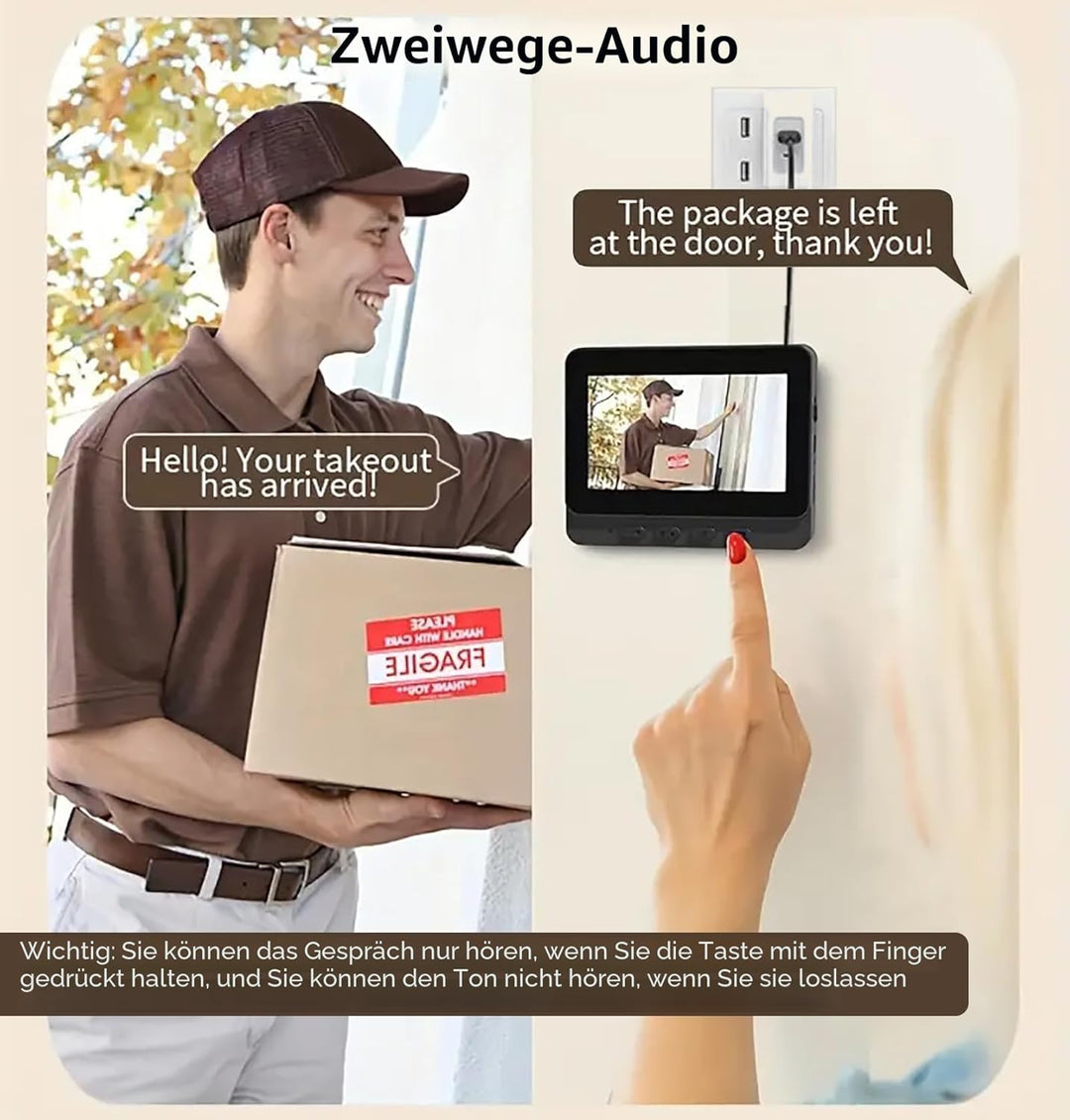 Smart Video Türklingel mit 4.3" HD Innenmonitor Kabellose Türklingel Wasserdicht 1080P HD-Monitor, 1