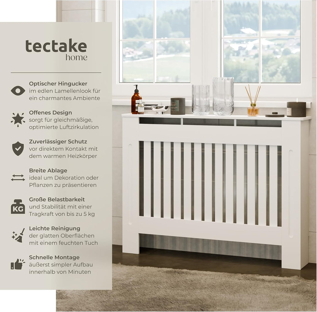tectake® Heizkörperverkleidung, Holzverkleidung MDF, Heizungsverkleidung weiss mit Lamellen, Heizkör