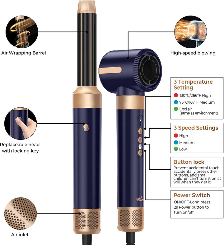 Airstyler 7 in 1,1400w Föhn mit Diffusor Haartrockner mit 3 Temperatur, Multi Hairstyler Set, 30mm A