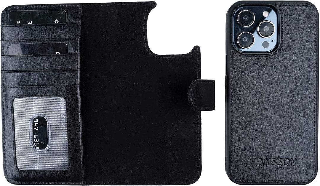 HANS/SON Klappbare Echtlederhülle in Schwarz | iPhone 14 Pro Max Ledercase mit Kartenfächern | Leder
