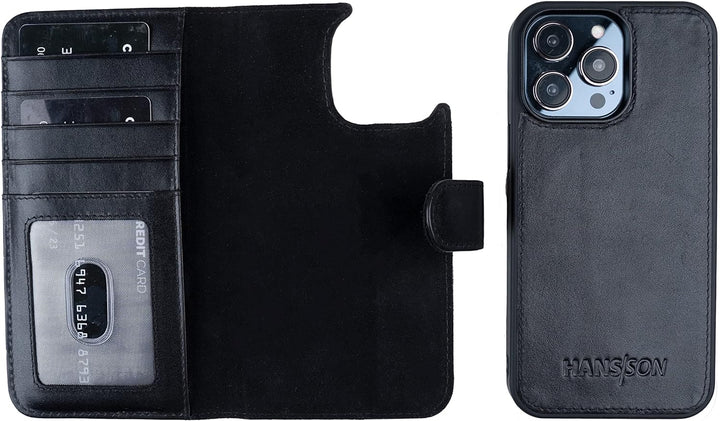 HANS/SON Klappbare Echtlederhülle in Schwarz | iPhone 14 Pro Max Ledercase mit Kartenfächern | Leder