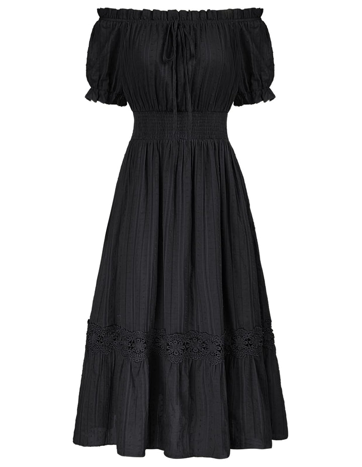 SCARLET DARKNESS Damen Renaissance Kleider Schulterfrei Puffärmel Gesmokte Taille Baumwollkleid M Sc