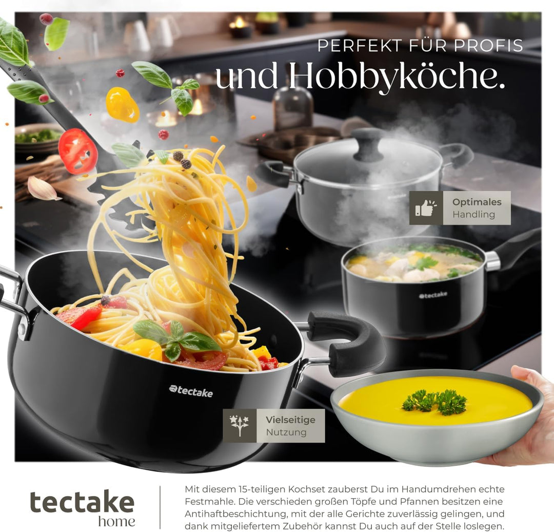 tectake® Küchenstarterset 6 Personen, Steingut Geschirr Set, Teller, 4 Töpfe 2 Pfannen rostfreies Al