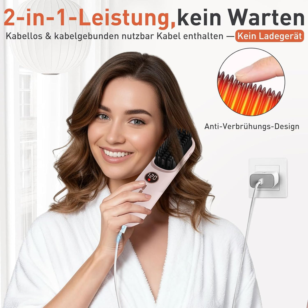 TANSHINE Mini Glättbürste Kabellos für Reise,6000mAh Ionen Haarglätter Bürste Akku, Glätteisen Locke