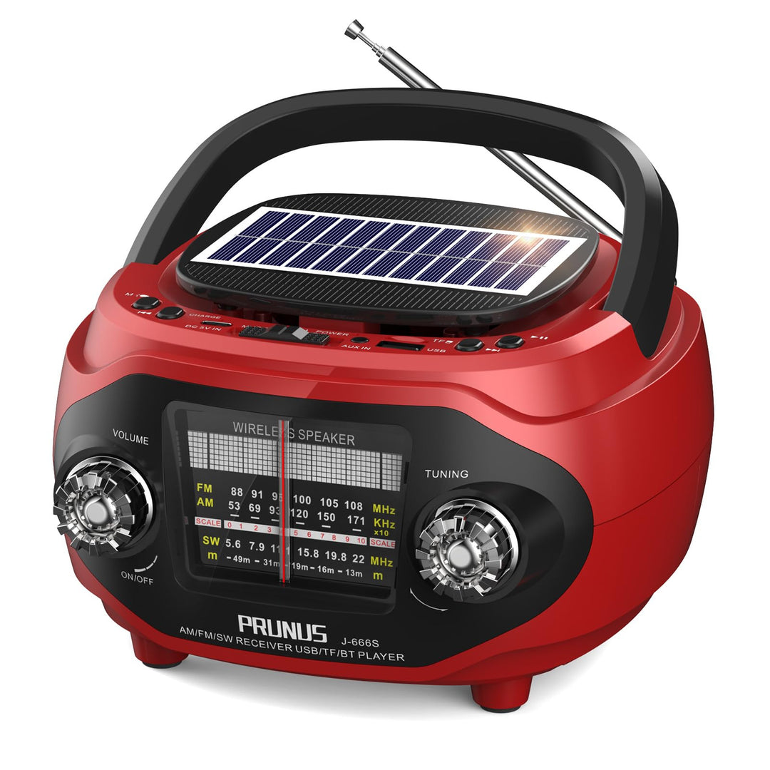 PRUNUS J-666 FM/AM/SW Retro Radio mit Bluetooth, Tragbares Radio mit 1800mAh Akku, Solar/USB-C Aufla