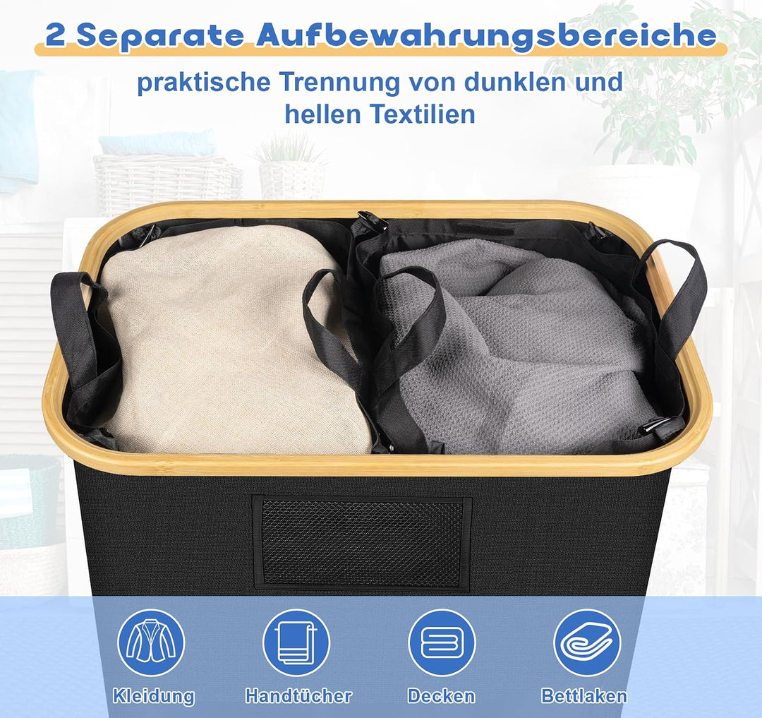 150L Schwarz Faltbarer Wäschekorb mit Deckel,Grosser Wäschesammler aus strapazierfähigem Kunststoff,