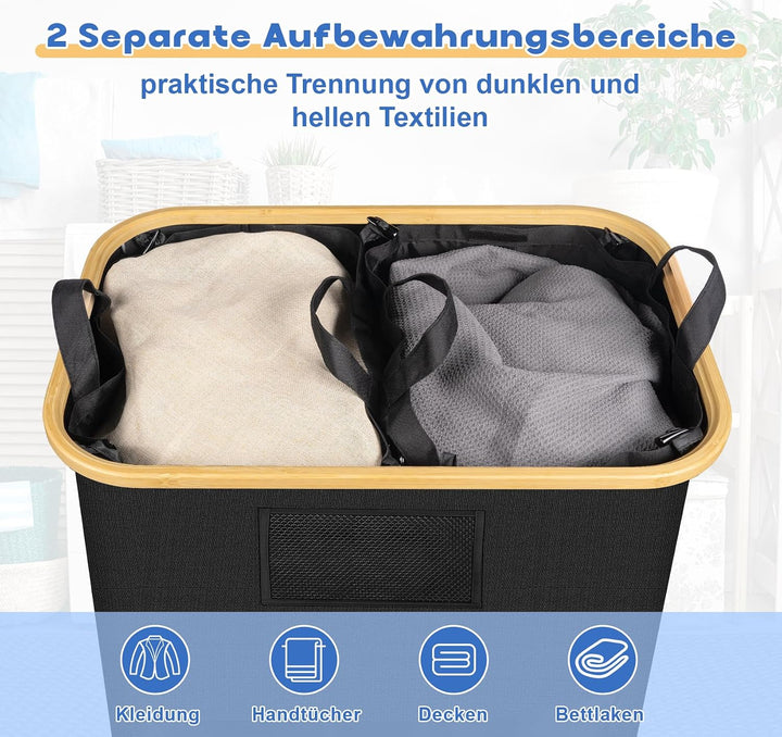 150L Schwarz Faltbarer Wäschekorb mit Deckel,Grosser Wäschesammler aus strapazierfähigem Kunststoff,