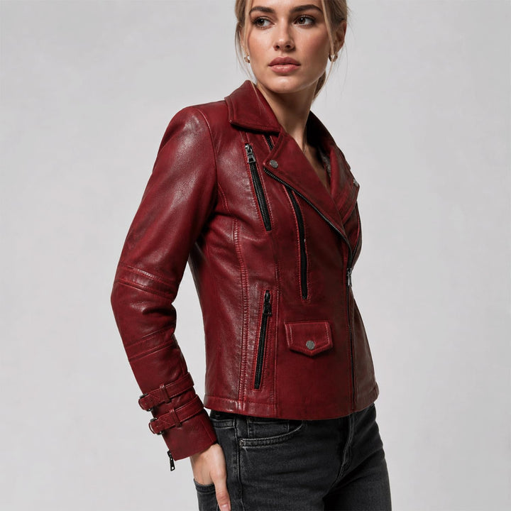 Bluepiel Poula Damen Lederjacke - Modernen Biker-Look - Echt Leder Jacke Rot Tailliert mit Reverskra