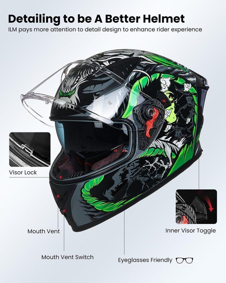 ILM Motorradhelm Integralhelm Herren Damen-Motorcycle Helmet mit 2 Visieren Pinlock-kompatiblen klar