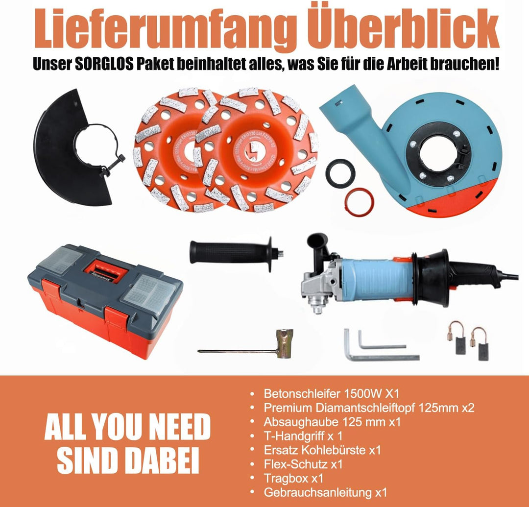 FANZWORK 1500W Betonschleifer Betonfräse Set, Drehzahlregelbar, inkl. Premium 125mm Diamantschleifto