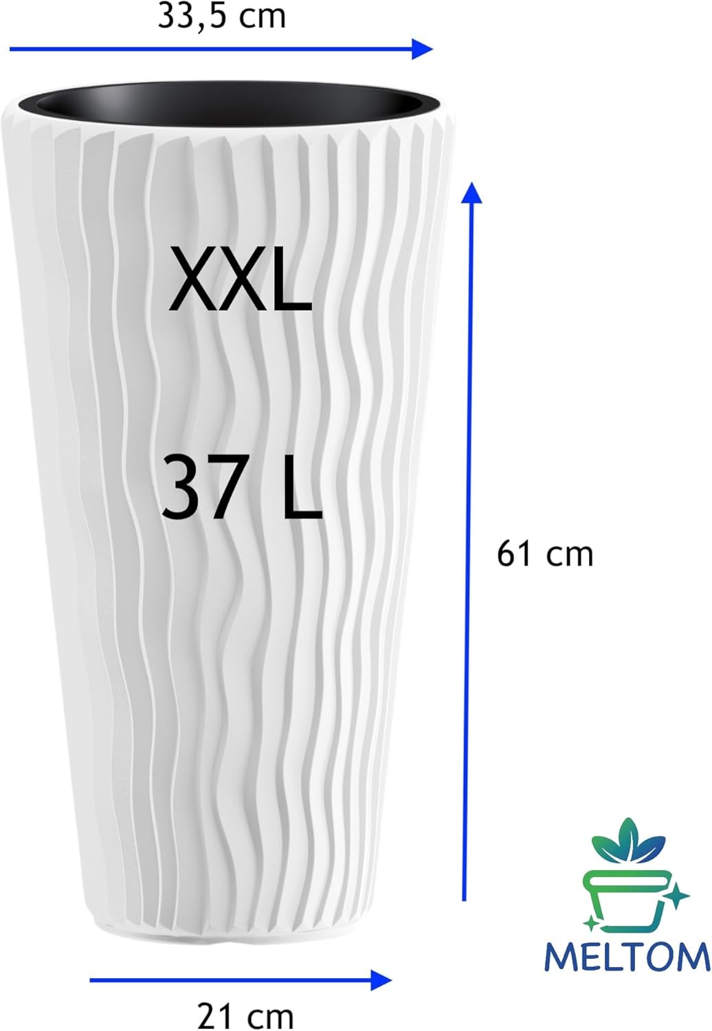 MELTOM Blumentopf mit vertikaler Wellenoptik herausnehmbarem Einsatz Hoch 3D Effekt in Weiss XXL: (D