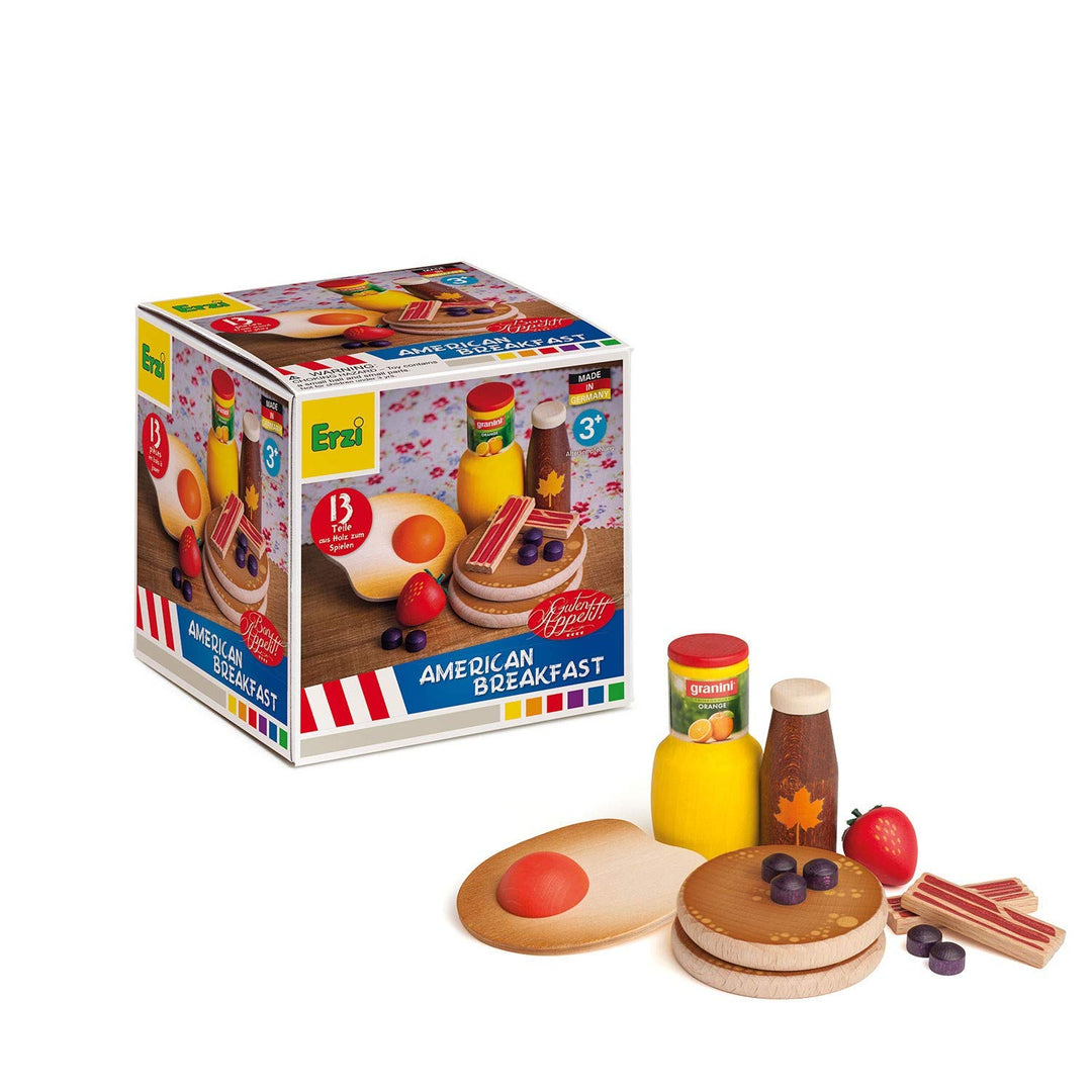 Erzi 28150 Sortierung American Breakfast aus Holz, Kaufladenartikel für Kinder, Rollenspiele