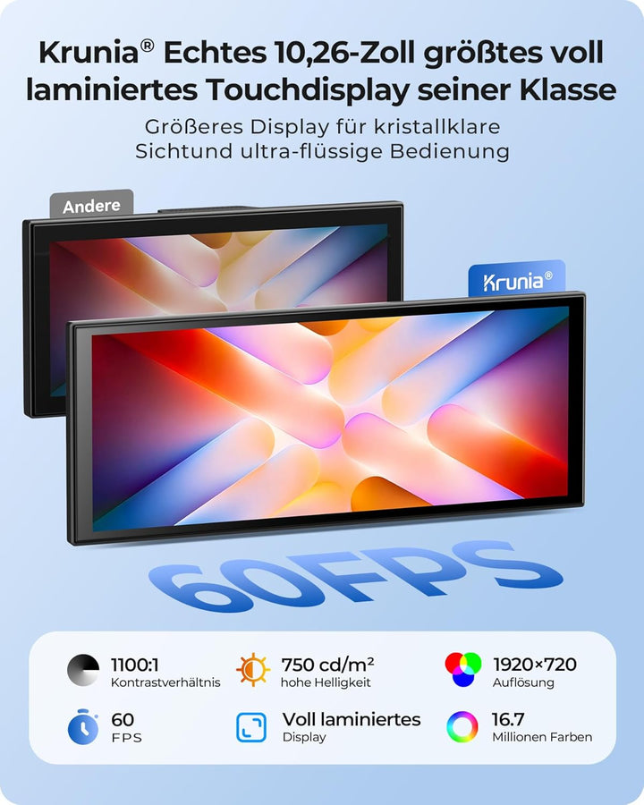 10,26" Drahtloses Tragbarer 60FPS Car Play Display mit 4K Dashcam Vorne HD Hinten für Apple Carplay