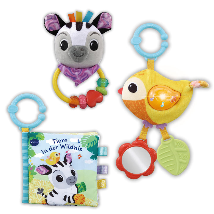 VTech Baby - Babys Tierfreunde-Geschenkset – Spielzeug-Set aus Stoffbuch, singendem Vogel und Zebrar