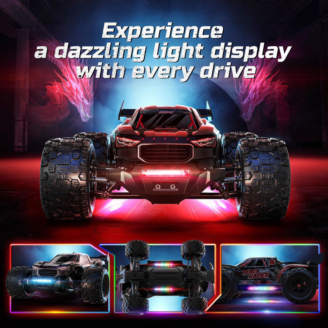 DEERC 1:14 Brushless RC Auto für Erwachsene, 46+ mph Off-Road, 2 * 3S Lipo, 4WD wasserdicht, 7 Licht