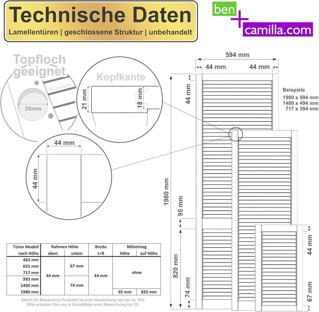 ben+camilla.com Lamellentür geschlossen Holz Kiefer Natur unbehandelt 993 x 594 x 21 mm 993 x 594 mm