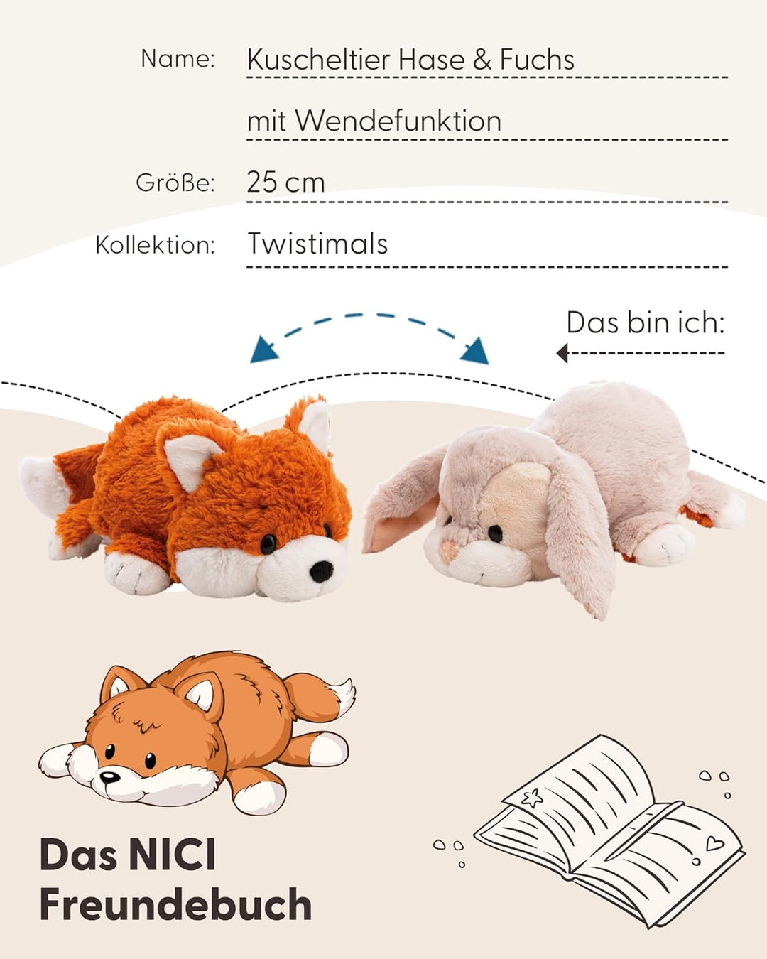 Kuscheltier Hase & Fuchs 25cm mit Wendefunktion 2in1 - orange - Stofftier aus weichem Plüsch, niedli