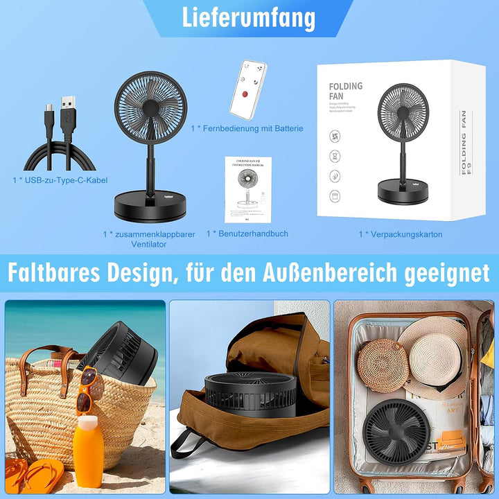 LIPETY Tragbarer Faltbarer Ventilator mit Fernbedienung, 8,6" 8000 mAh Akku | Oszillierend, Aufladba