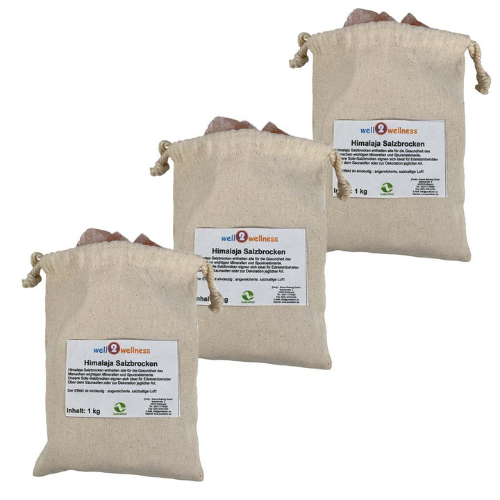 SudoreWell® Solebrocken Salzbrocken rosa Steinsalz aus der Salt Range Pakistan - 3 x 1,0 kg Baumwoll