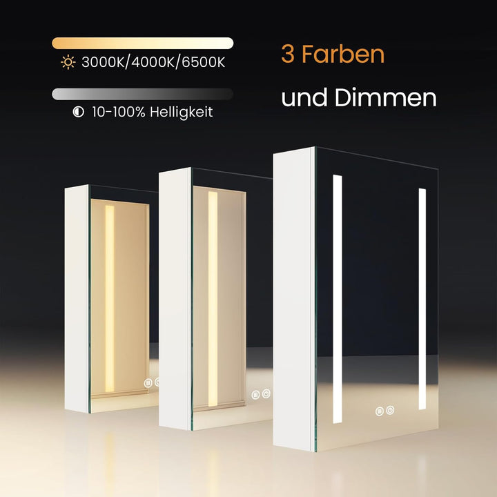 EMKE Spiegelschrank Bad Mit Beleuchtung 50x70cm, 3 Dimmbare Lichtfarben, Antibeschlag, Steckdose, Ba