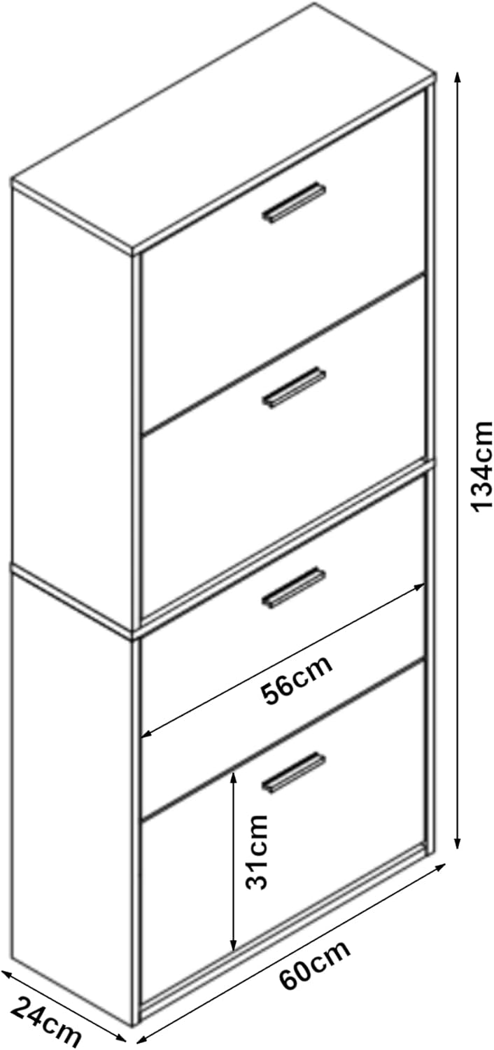 [en.casa] Schuhschrank Sykkylven Schuhkipper mit 4 Klappen Schuhkommode für 16 Paar Schuhe 134 x 60