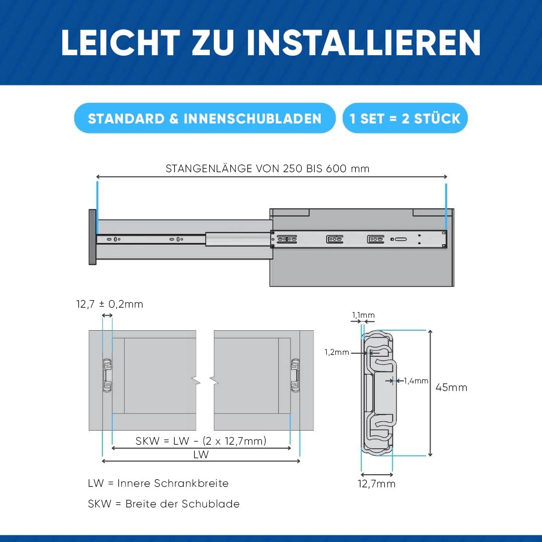 GTV H45 Schubladenschienen - 45.3 x 500 mm - Starken Verzinkt Stahl - Soft-Close Schienensystem - Te