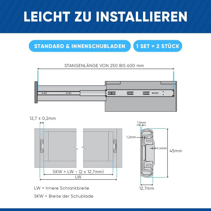 GTV H45 Schubladenschienen - 45.3 x 600 mm - Starken Verzinkt Stahl - Soft-Close Schienensystem - Te