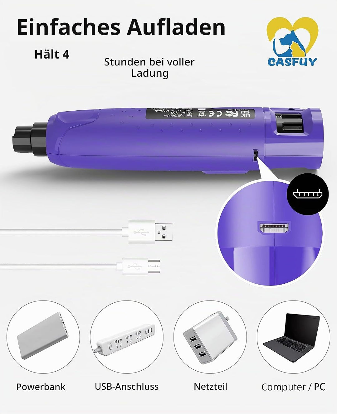 Casfuy Krallenschleifer für Hunde - (45 dB) 6-Gang-Haustier-Krallenschleifer mit 2 LED-Lichtern für