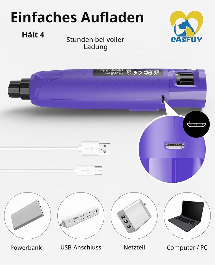 Casfuy Krallenschleifer für Hunde - (45 dB) 6-Gang-Haustier-Krallenschleifer mit 2 LED-Lichtern für